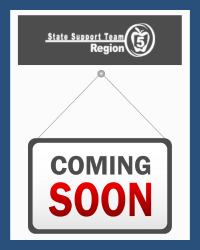 A rectangular shape with a coming soon sign in the middle and State Support Team Logo at the top.